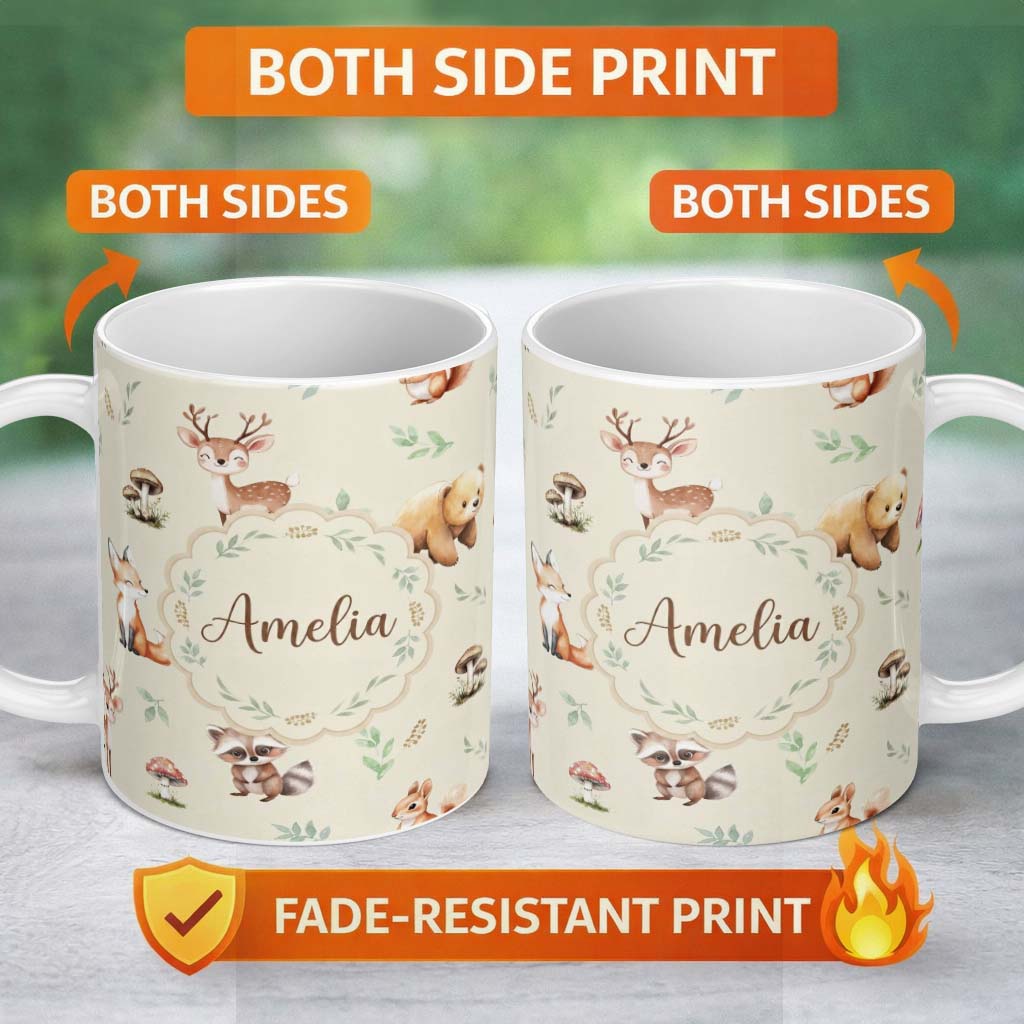 Personalized Custom Name Forest Animals Bear Deer Fox Owl Raccoon on Warm Beige Seamless 11oz Ceramic Coffee Tea Mug White Large Handle