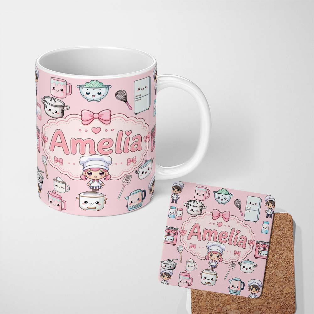Personalized Custom Name Kawaii Kitchen Chef Girl Cooking Utensils on Pink Seamless Pattern 11oz Ceramic Coffee Tea Mug White Large Handle