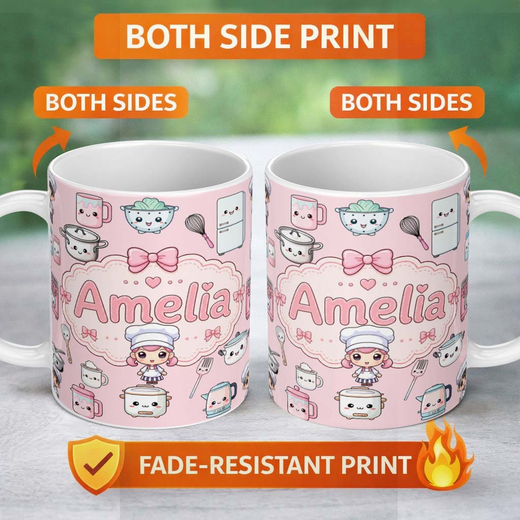 Personalized Custom Name Kawaii Kitchen Chef Girl Cooking Utensils on Pink Seamless Pattern 11oz Ceramic Coffee Tea Mug White Large Handle