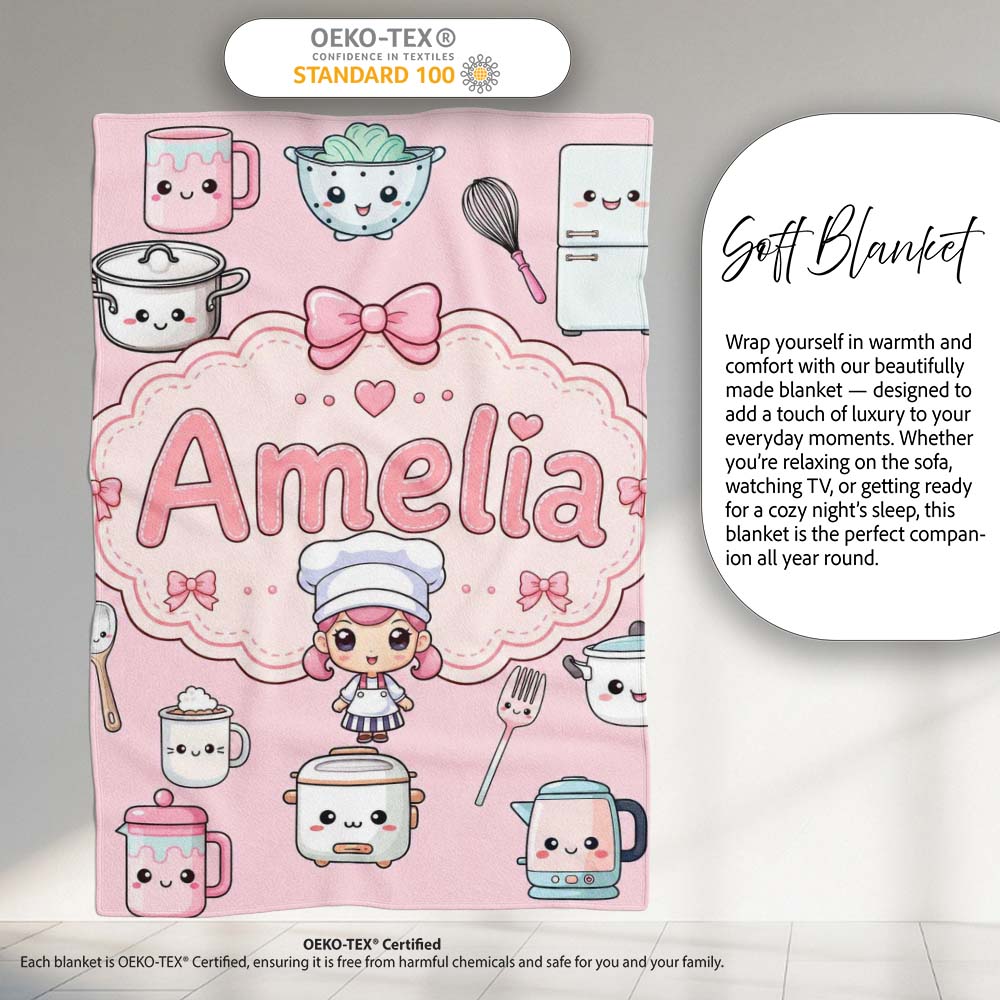 Kawaii Chef Girl Cooking Utensils on Pink Seamless Pattern Personalised Custom Name Super Soft Fleece Blanket Bed Sofa Throw