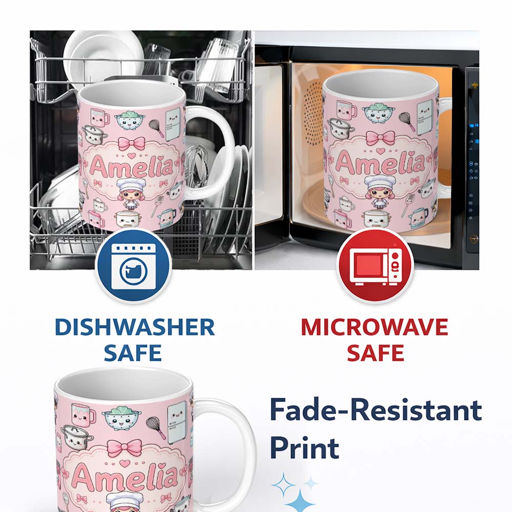 Personalized Custom Name Kawaii Kitchen Chef Girl Cooking Utensils on Pink Seamless Pattern 11oz Ceramic Coffee Tea Mug White Large Handle