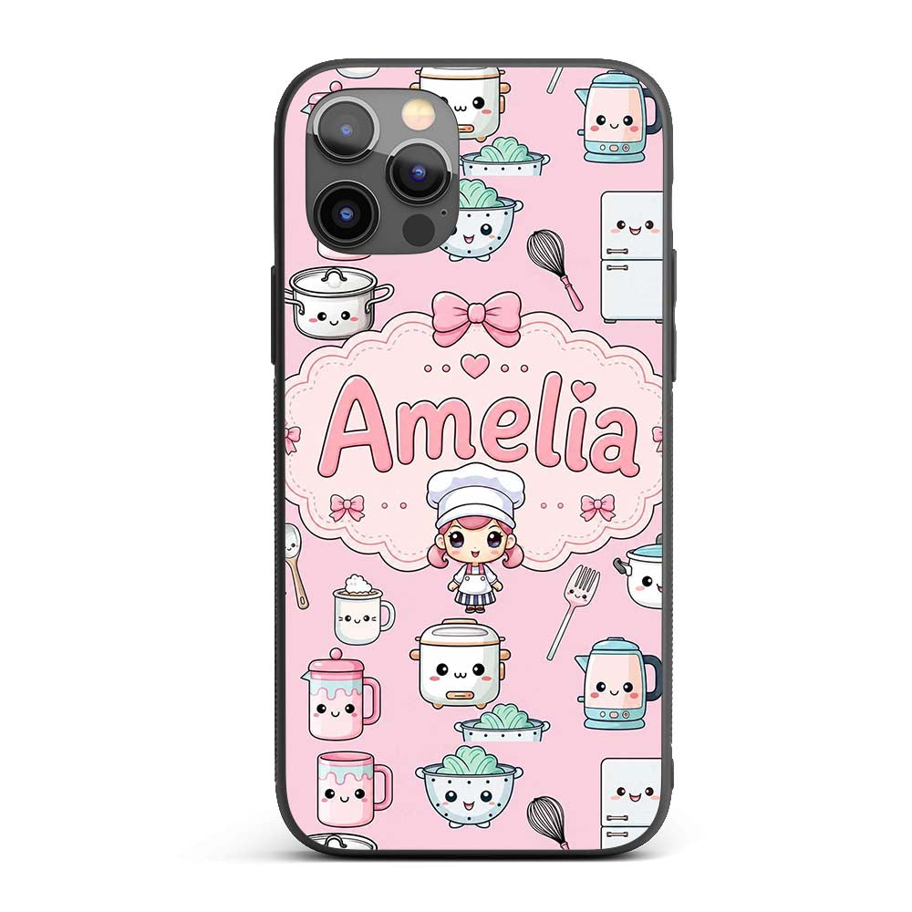 Kawaii Chef Girl Cooking Utensils on Soft Pink Custom Name Protective Phone Case Mobile Cover Durable Everyday Smartphone Shock Resistant