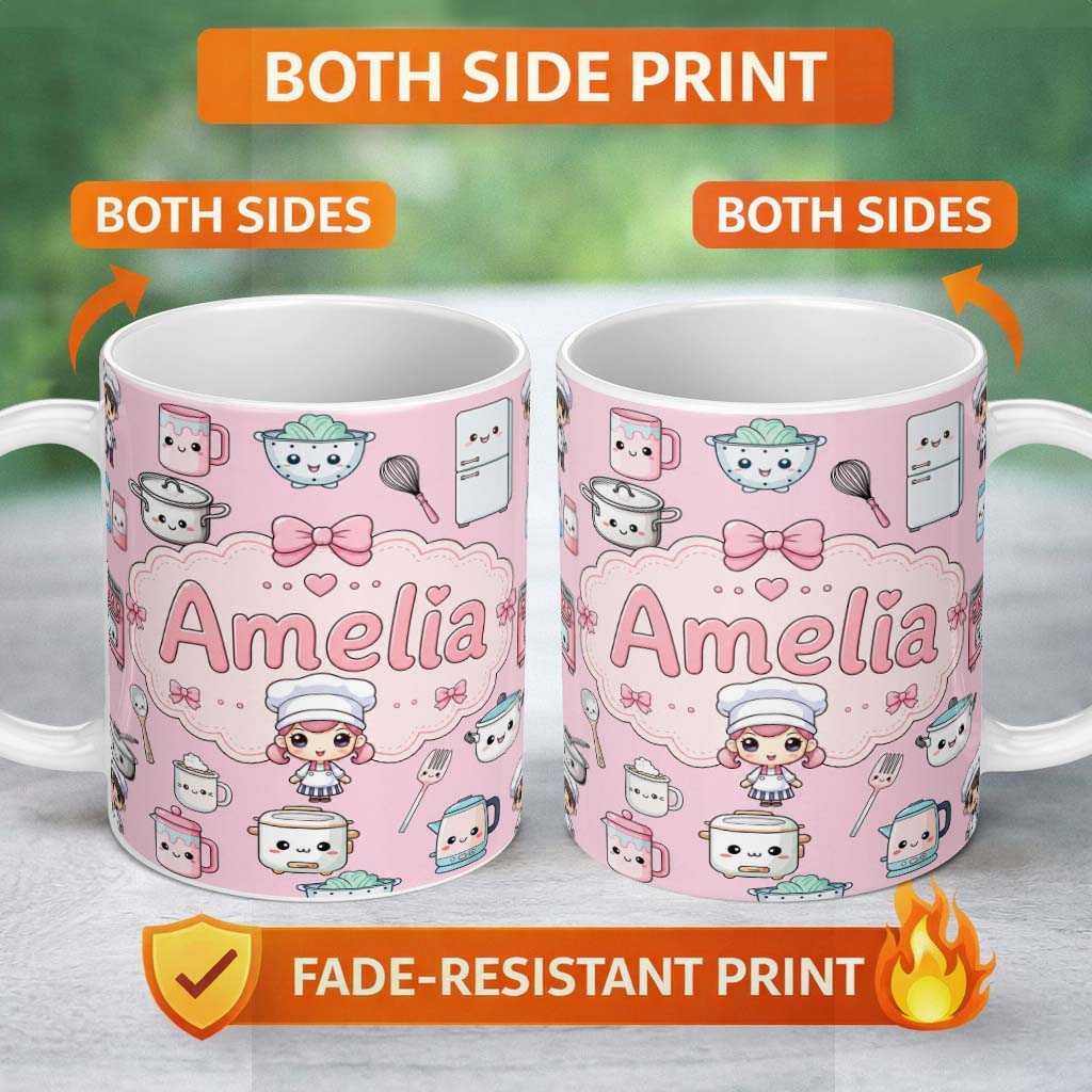 Personalized Custom Name Kawaii Kitchen Chef Girl Cooking Utensils on Soft Pink Seamless 11oz Ceramic Coffee Tea Mug White Large Handle