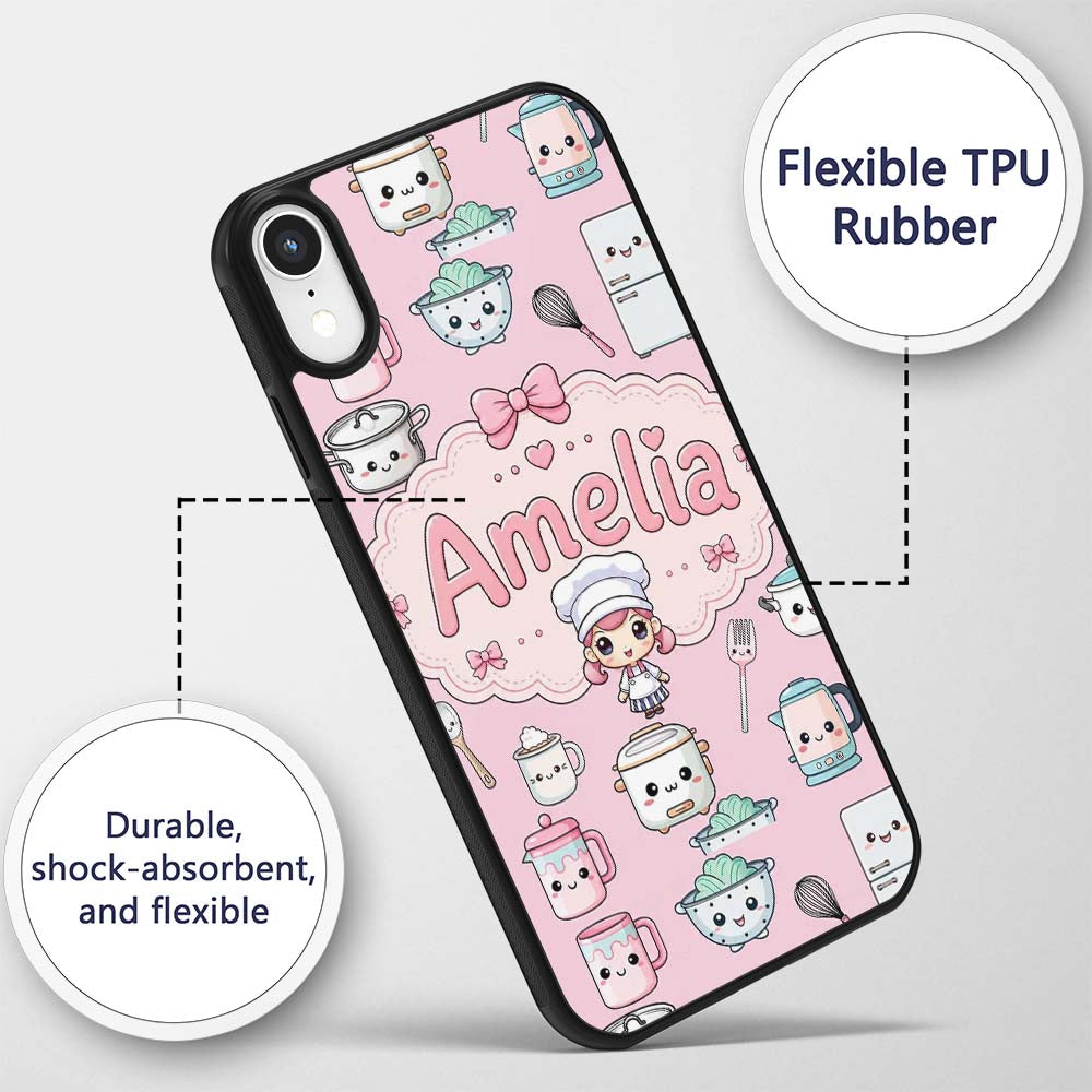 Kawaii Chef Girl Cooking Utensils on Soft Pink Custom Name Protective Phone Case Mobile Cover Durable Everyday Smartphone Shock Resistant