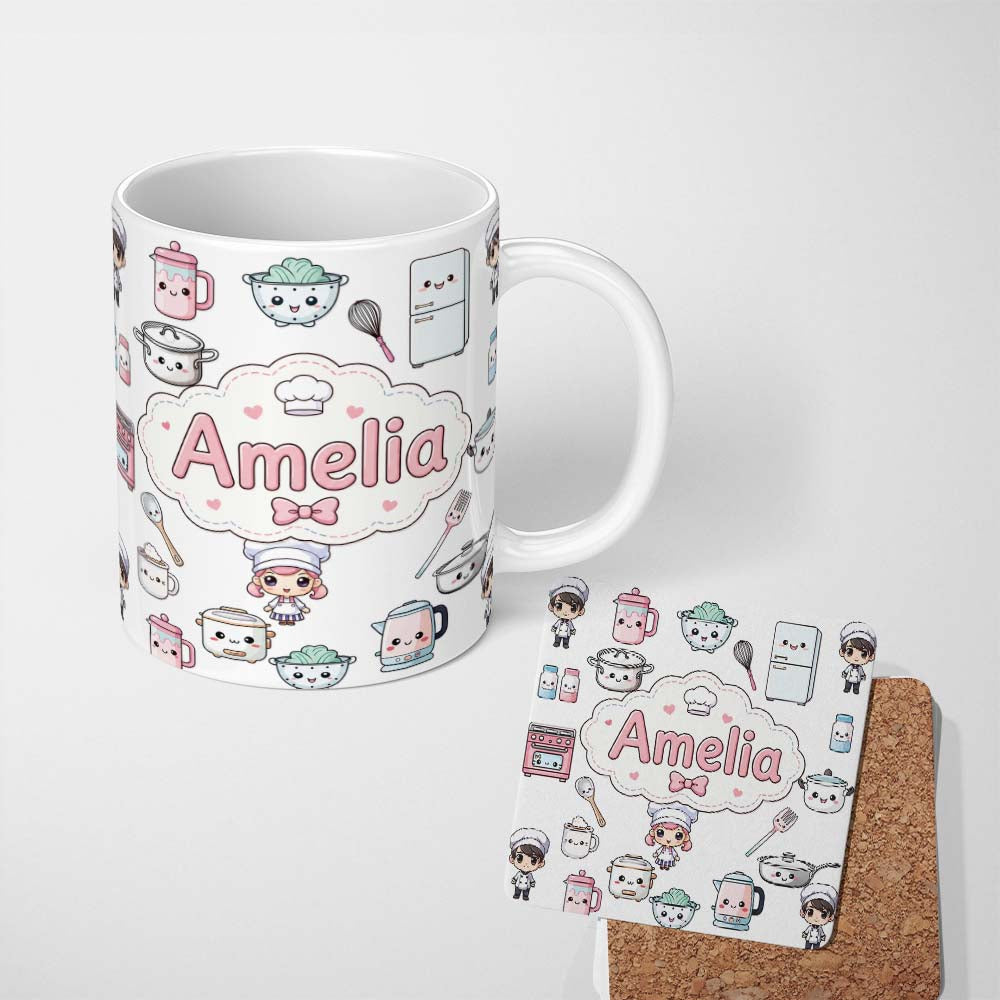 Personalized Custom Name Cute Kawaii Chef Girl Cooking Utensils Grey Background Seamless 11oz Ceramic Coffee Tea Mug White Large Handle