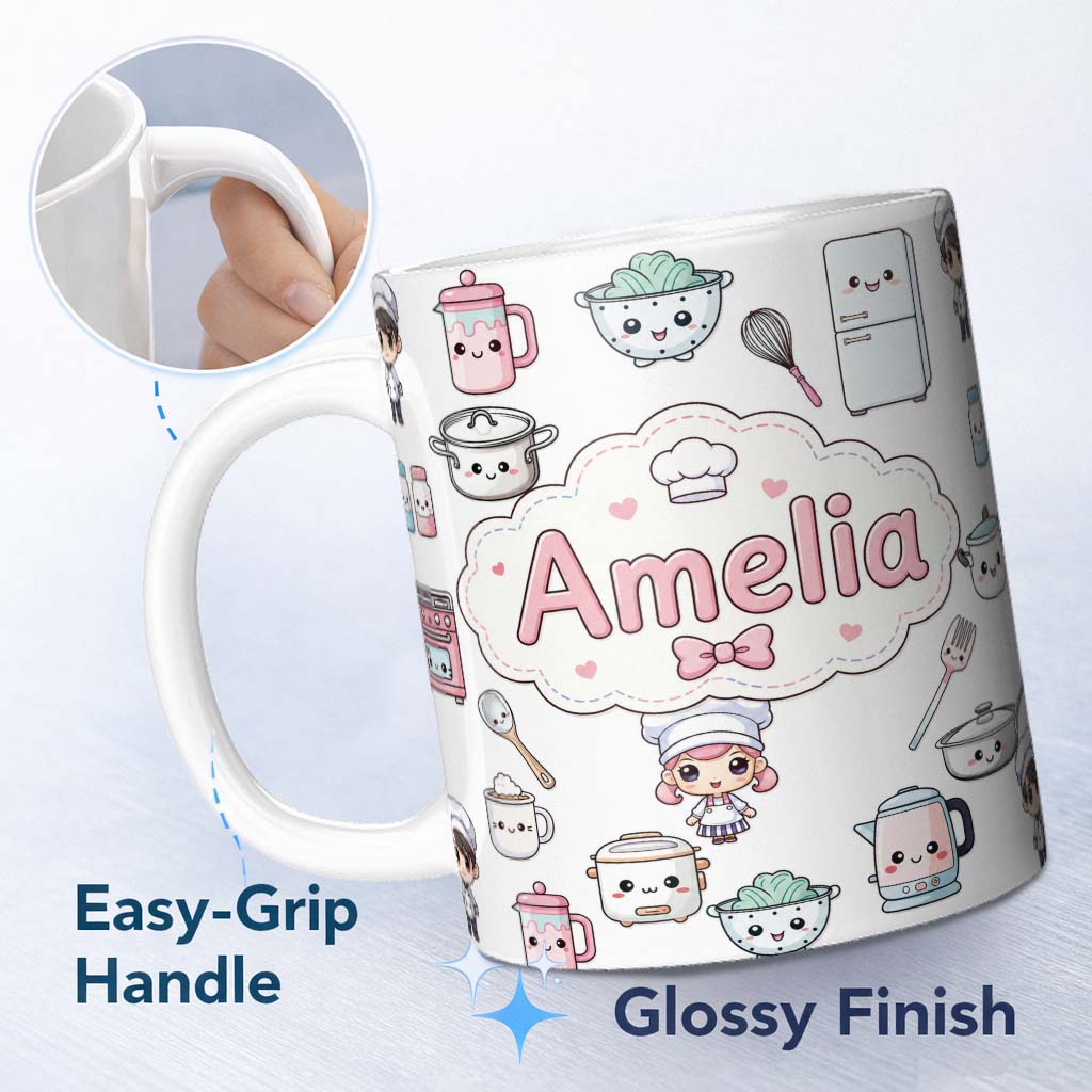 Personalized Custom Name Cute Kawaii Chef Girl Cooking Utensils Grey Background Seamless 11oz Ceramic Coffee Tea Mug White Large Handle
