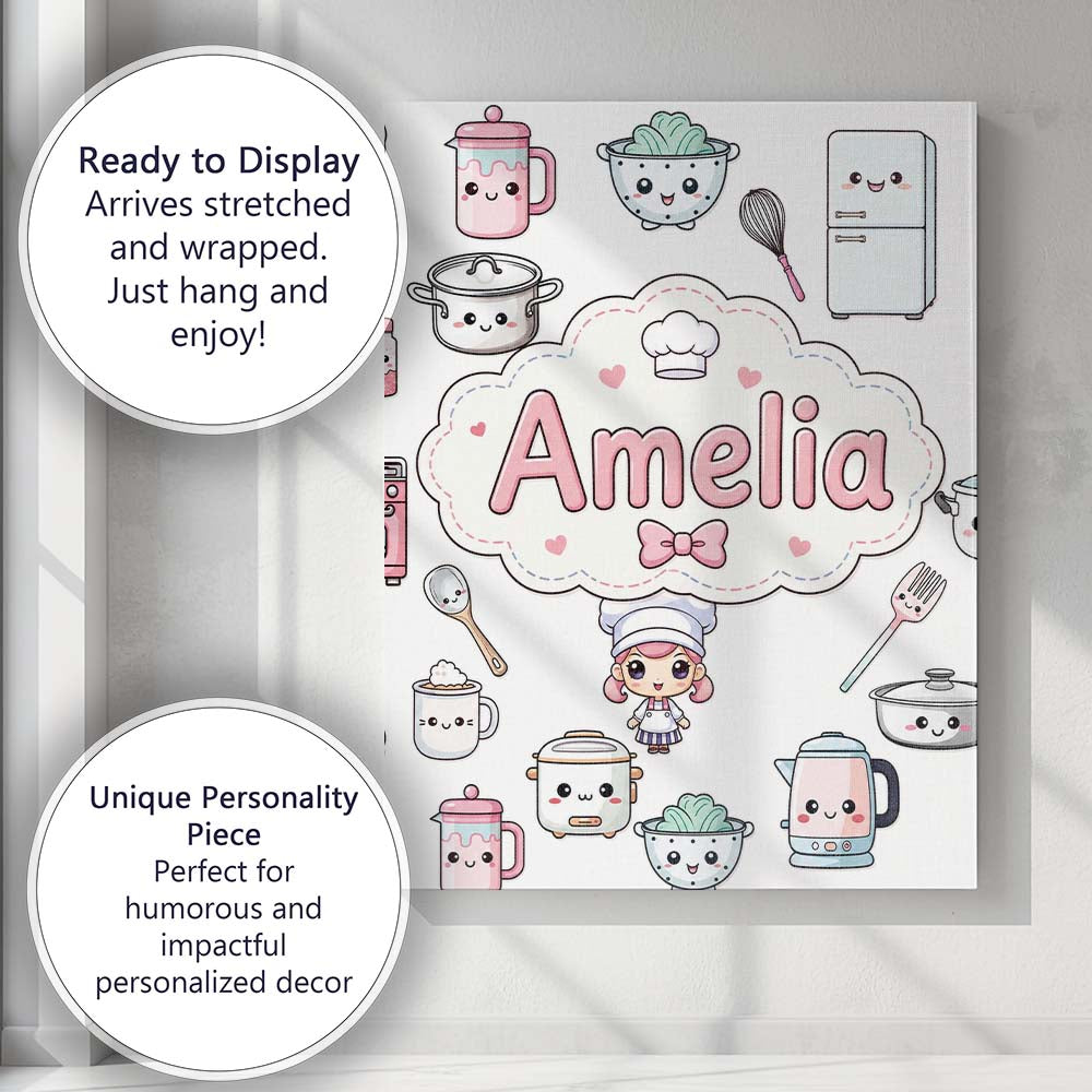 Personalised Name Cute Kawaii Chef Girl Custom Modern Room Accent Elegant Feature Canvas Wall Art Print Decor Picture Ready to Hang