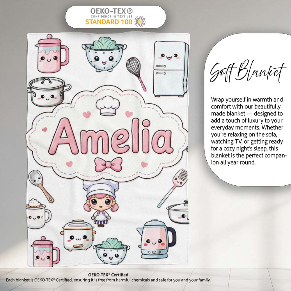 Cute Kawaii Chef Girl Cooking Utensils Grey Background Seamless Personalised Custom Name Super Soft Fleece Blanket Bed Sofa Throw