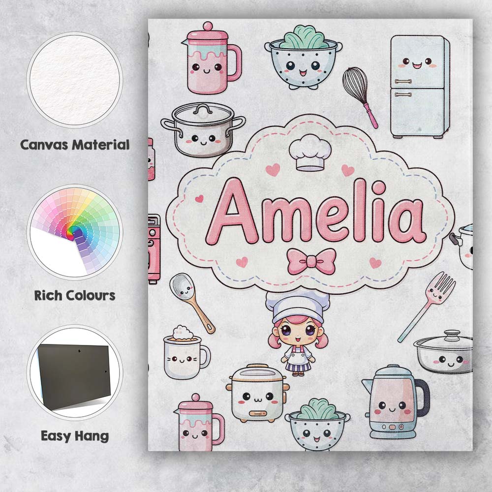 Personalised Name Cute Kawaii Chef Girl Custom Modern Room Accent Elegant Feature Canvas Wall Art Print Decor Picture Ready to Hang