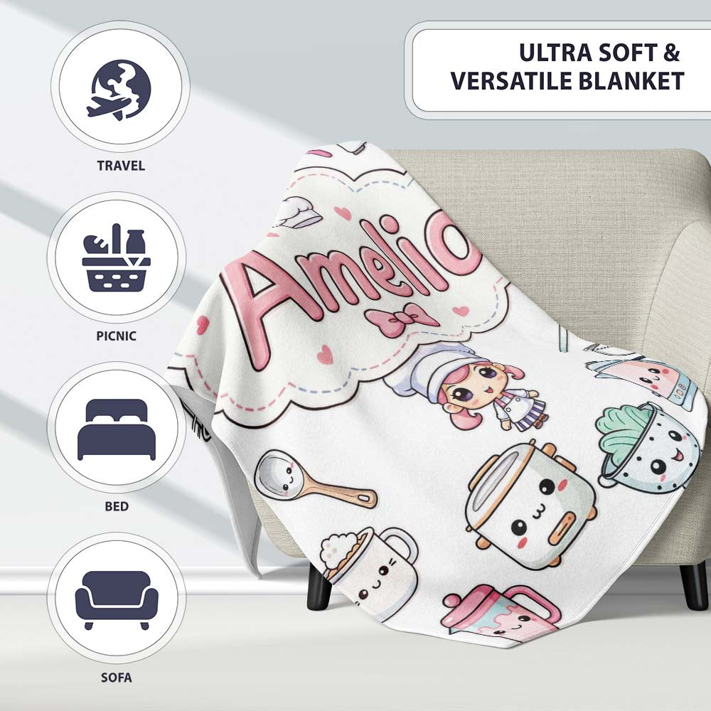 Cute Kawaii Chef Girl Cooking Utensils Grey Background Seamless Personalised Custom Name Super Soft Fleece Blanket Bed Sofa Throw