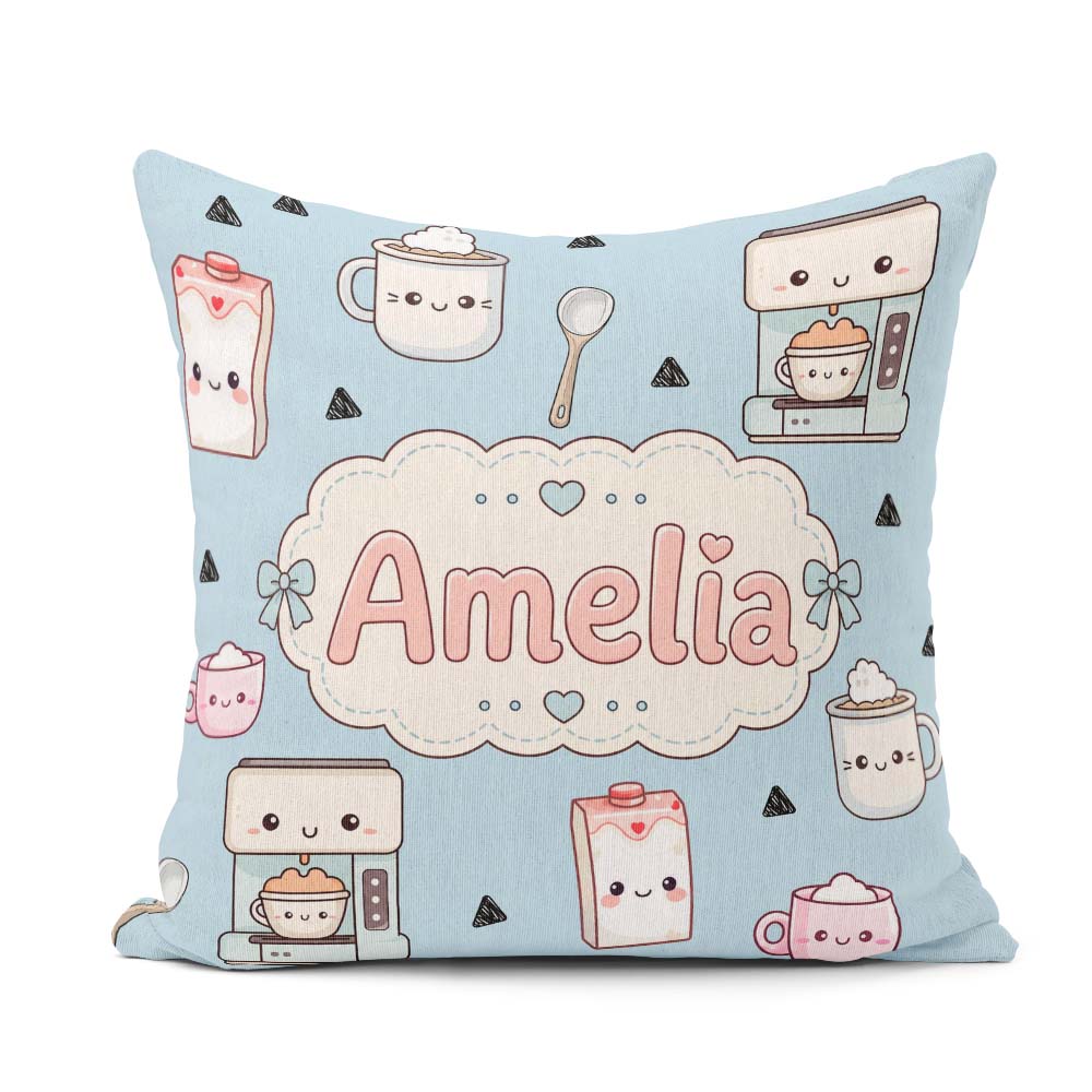 Custom Name Cute Kawaii Maker Milk Cups Blue Background Seamless Square Filled Cushion Throw Pillow Sofa Bed Home Decor Zip Washable UK Made
