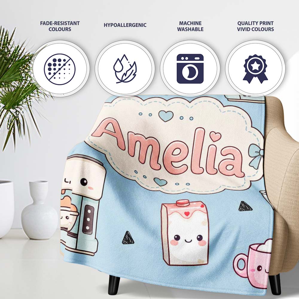 Cute Kawaii Coffee Maker Milk Carton Cups Blue Background Seamless Personalised Custom Name Super Soft Fleece Blanket Bed Sofa Throw