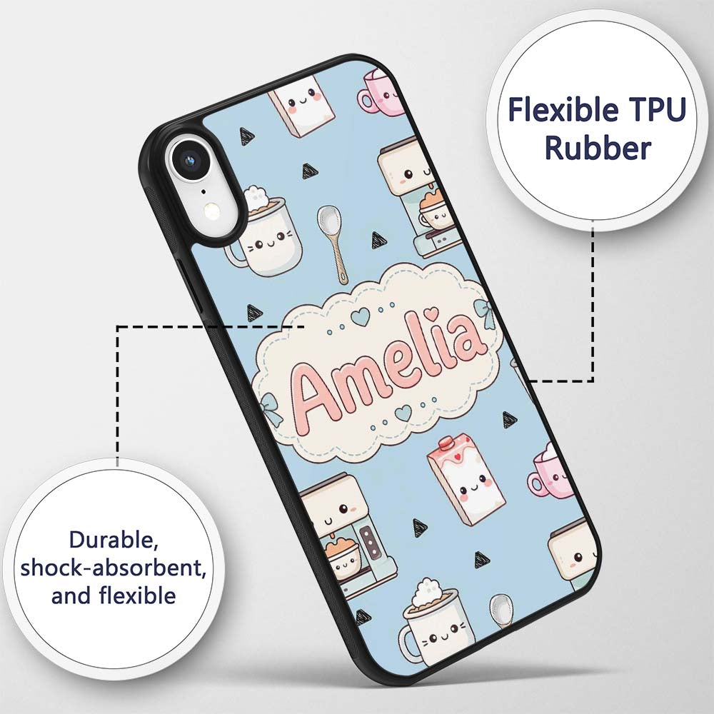 Cute Kawaii Coffee Maker Milk Carton Cups Blue Custom Name Protective Phone Case Mobile Cover Durable Everyday Smartphone Shock Resistant