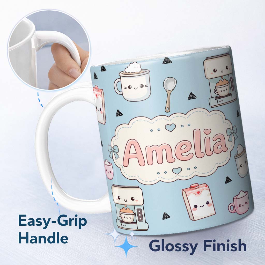 Personalized Custom Name Cute Kawaii Coffee Maker Milk Carton Cups Blue Background Seamless 11oz Ceramic Coffee Tea Mug White Large Handle