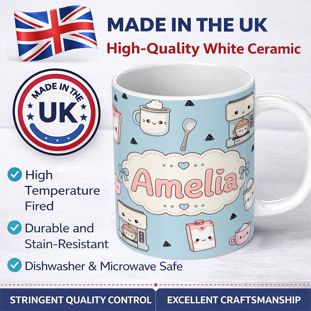 Personalized Custom Name Cute Kawaii Coffee Maker Milk Carton Cups Blue Background Seamless 11oz Ceramic Coffee Tea Mug White Large Handle