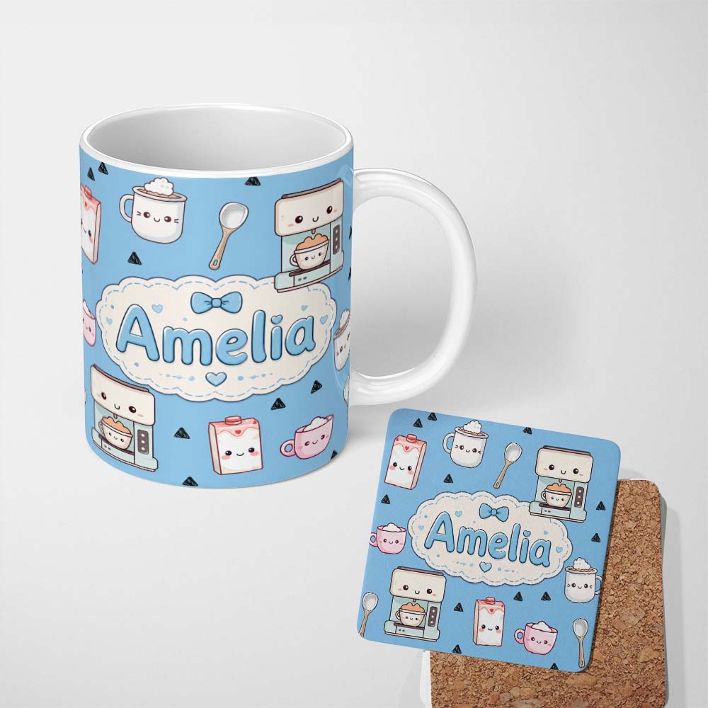 Personalized Custom Name Cute Kawaii Coffee Maker Milk Carton Cups Sky Blue Background 11oz Ceramic Coffee Tea Mug White Large Handle
