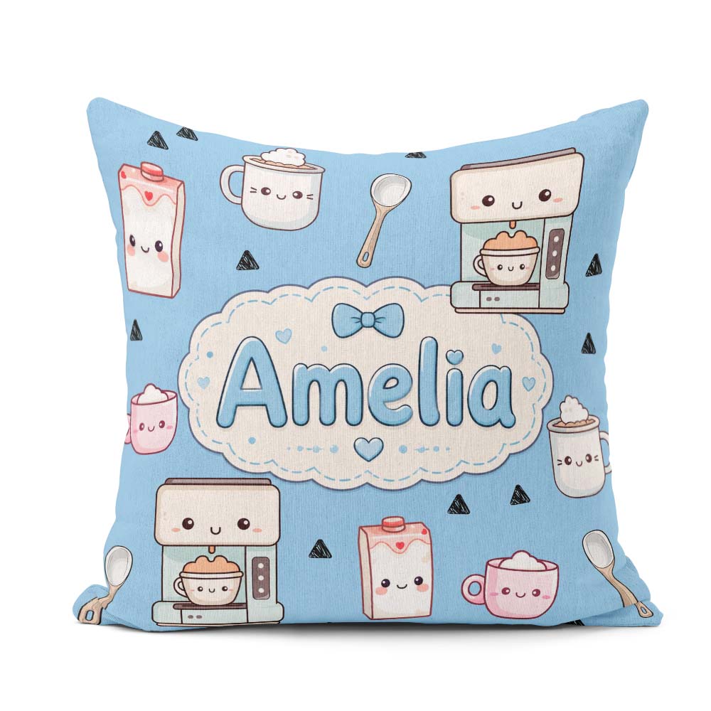 Custom Name Kawaii Maker Milk Carton Cups Sky Blue Background Square Filled Cushion Throw Pillow Sofa Bed Home Decor Zip Washable UK Made