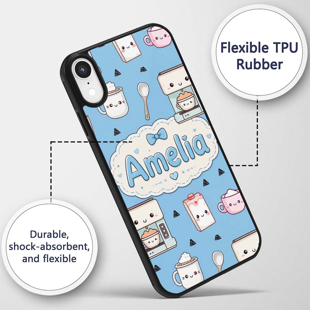 Cute Kawaii Coffee Maker Milk Carton Cups Sky Custom Name Protective Phone Case Mobile Cover Durable Everyday Smartphone Shock Resistant