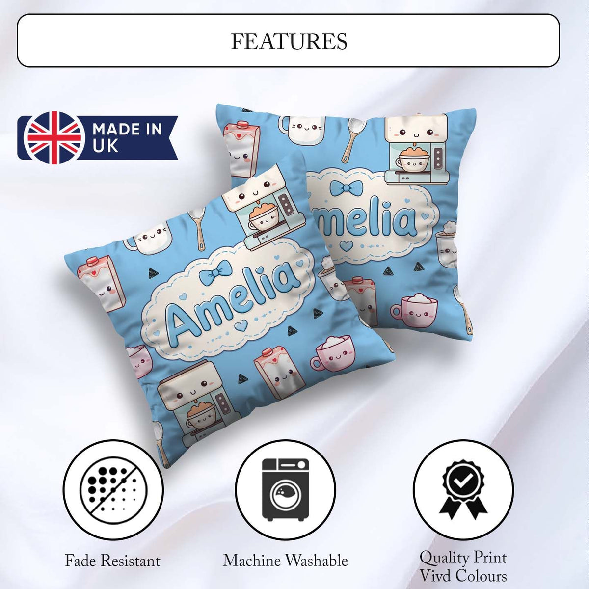 Custom Name Kawaii Maker Milk Carton Cups Sky Blue Background Square Filled Cushion Throw Pillow Sofa Bed Home Decor Zip Washable UK Made