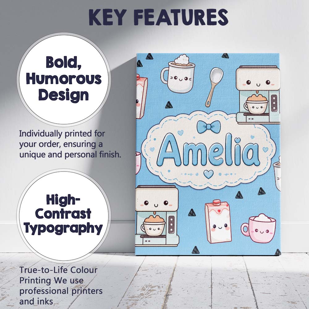 Personalised Name Cute Kawaii Coffee Maker Custom Unique Gift Idea Elegant Feature Canvas Wall Art Print Decor Picture Ready to Hang