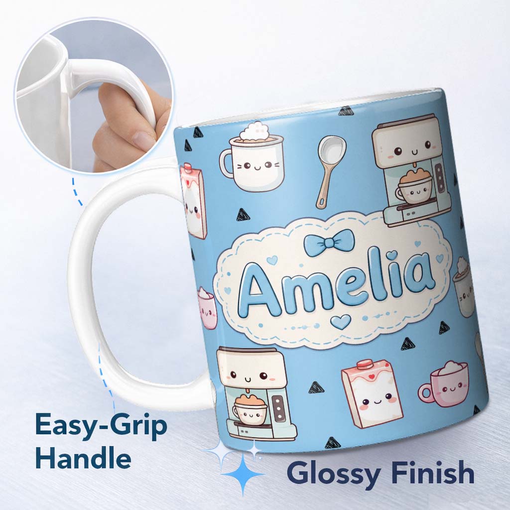 Personalized Custom Name Cute Kawaii Coffee Maker Milk Carton Cups Sky Blue Background 11oz Ceramic Coffee Tea Mug White Large Handle