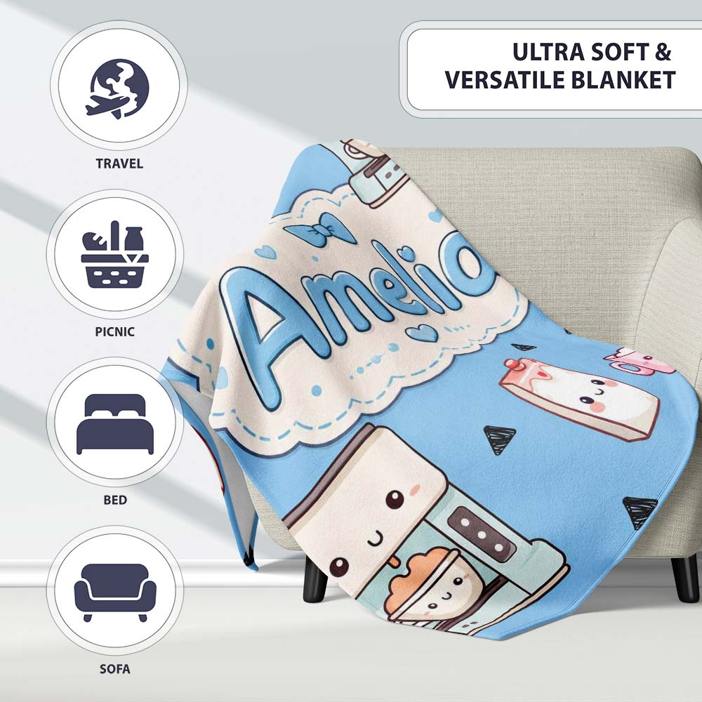 Cute Kawaii Coffee Maker Milk Carton Cups Sky Blue Background Personalised Custom Name Super Soft Fleece Blanket Bed Sofa Throw