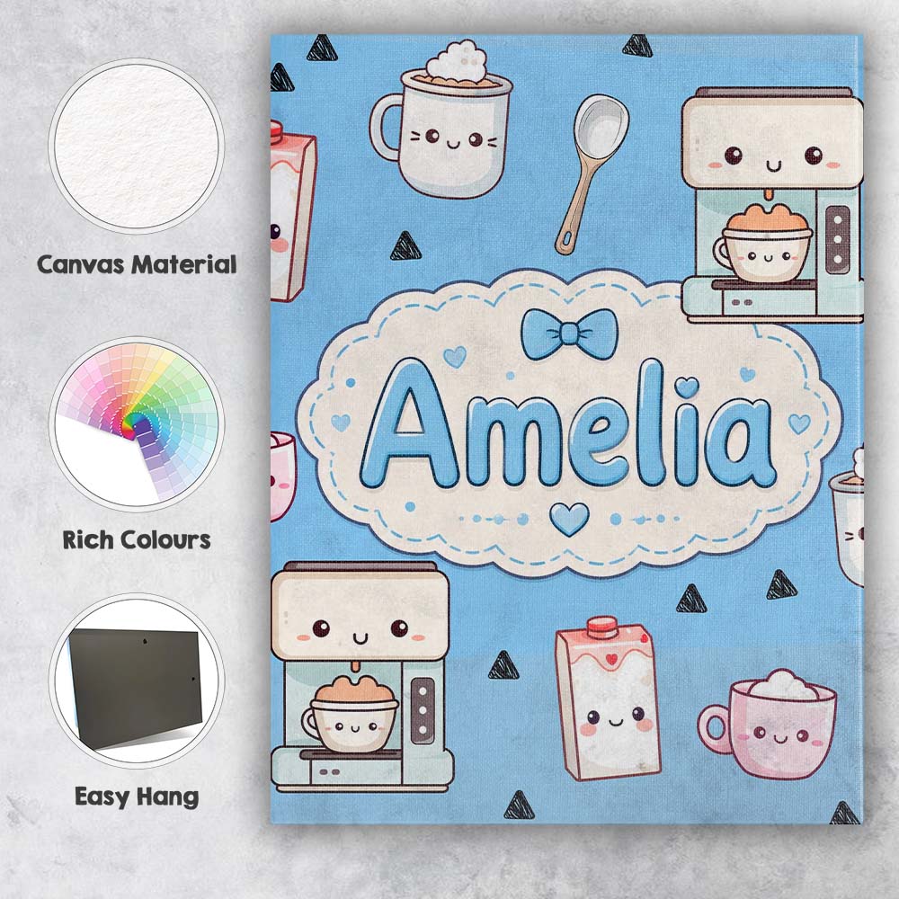 Personalised Name Cute Kawaii Coffee Maker Custom Unique Gift Idea Elegant Feature Canvas Wall Art Print Decor Picture Ready to Hang