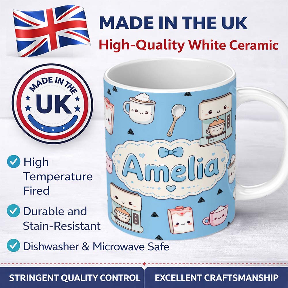 Personalized Custom Name Cute Kawaii Coffee Maker Milk Carton Cups Sky Blue Background 11oz Ceramic Coffee Tea Mug White Large Handle
