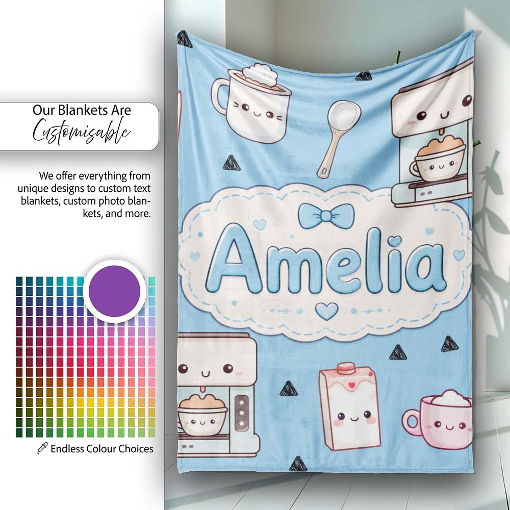Cute Kawaii Coffee Maker Milk Carton Cups Sky Blue Background Personalised Custom Name Super Soft Fleece Blanket Bed Sofa Throw