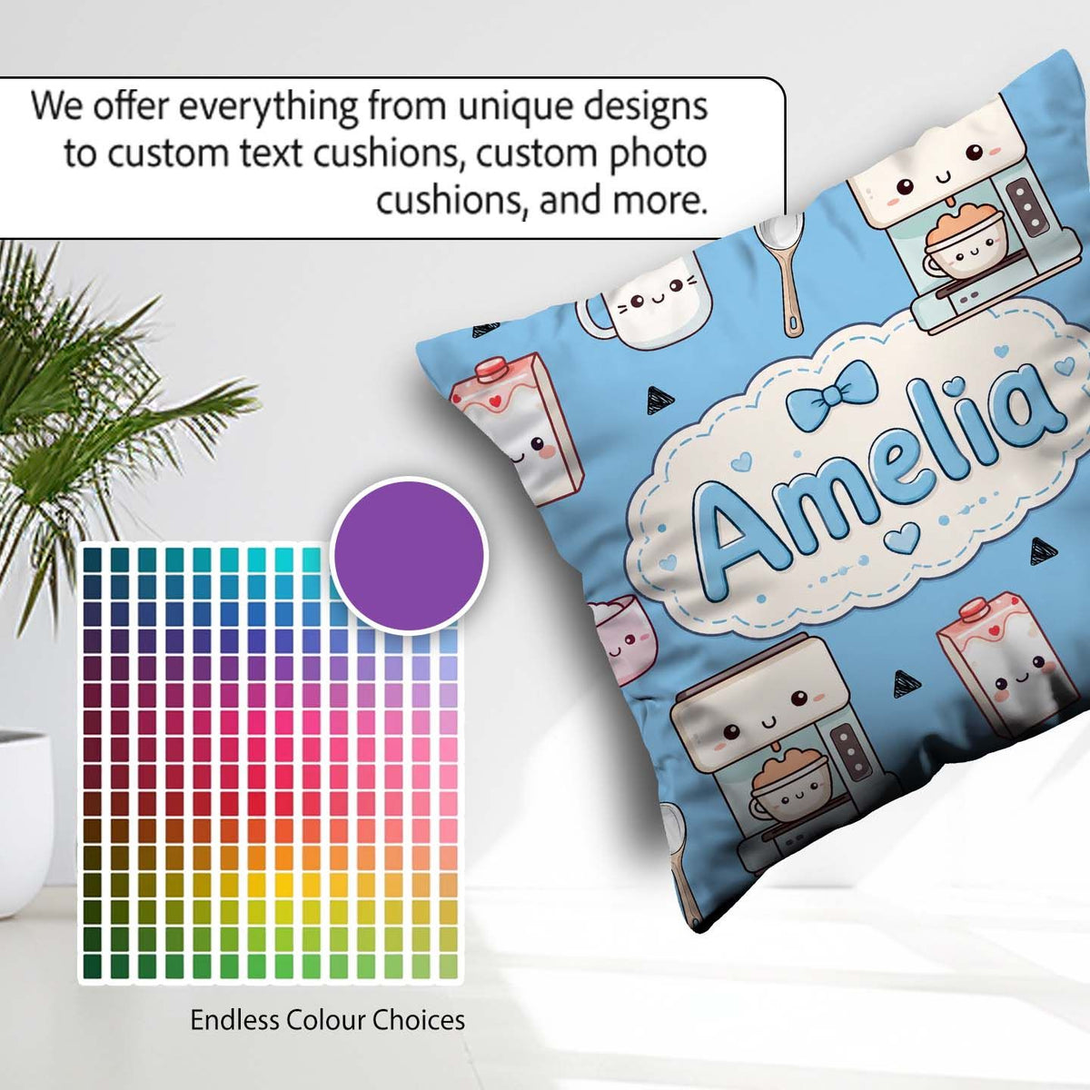 Custom Name Kawaii Maker Milk Carton Cups Sky Blue Background Square Filled Cushion Throw Pillow Sofa Bed Home Decor Zip Washable UK Made