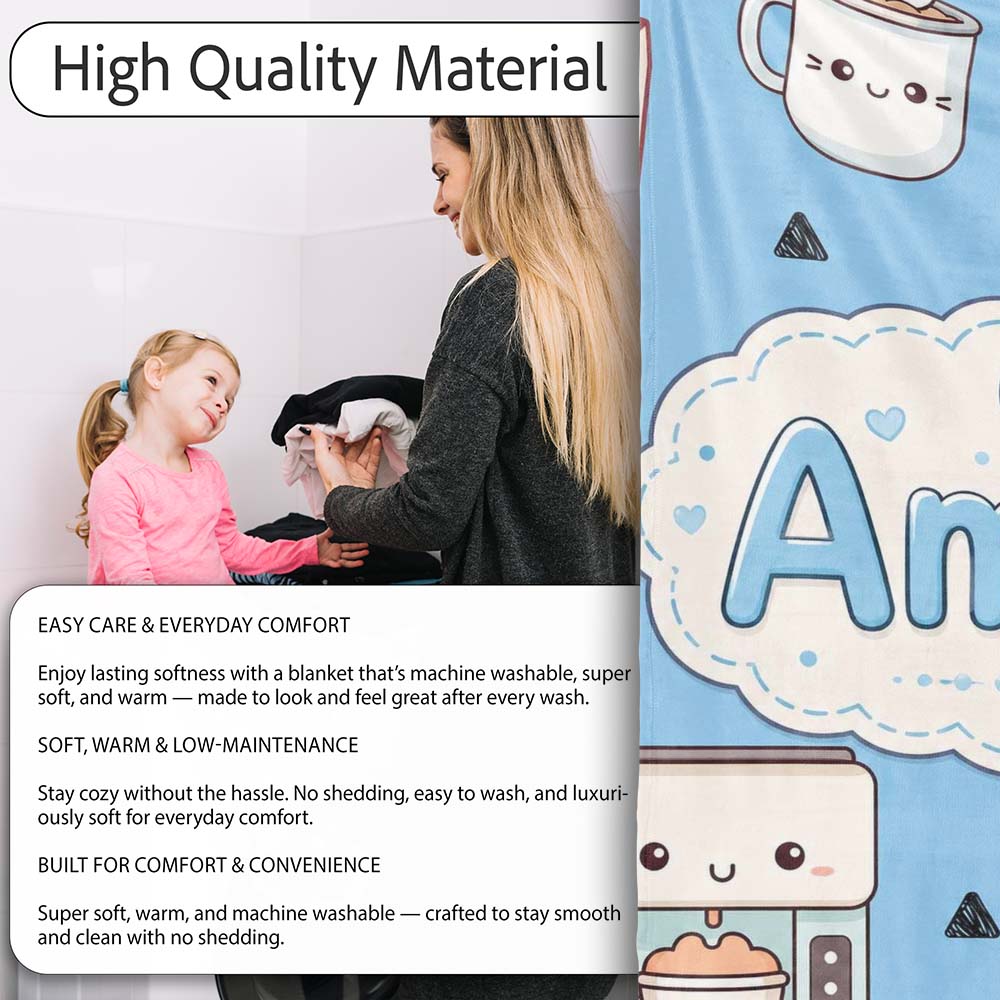 Cute Kawaii Coffee Maker Milk Carton Cups Sky Blue Background Personalised Custom Name Super Soft Fleece Blanket Bed Sofa Throw