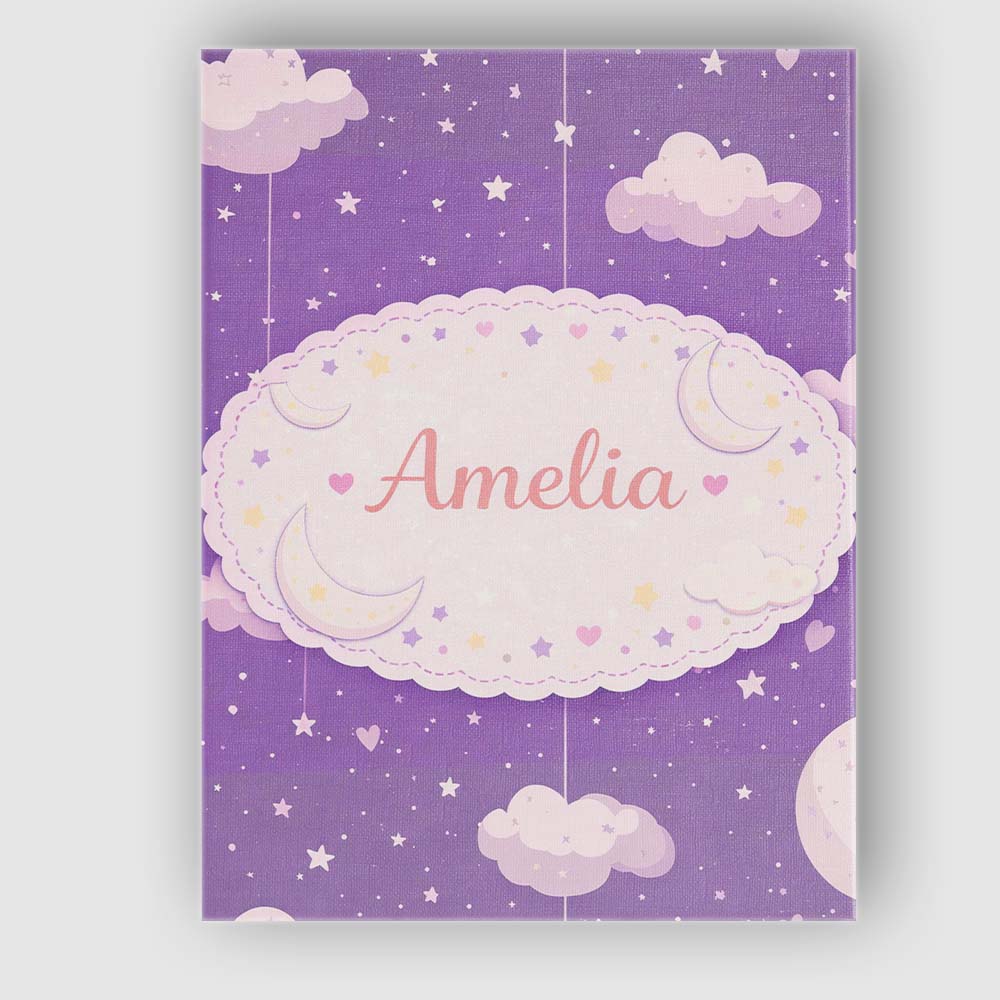 Personalised Name Purple Night Sky Moon Hanging Stars Cute Seamless Custom Canvas Wall Art Print Decor Picture Ready to Hang