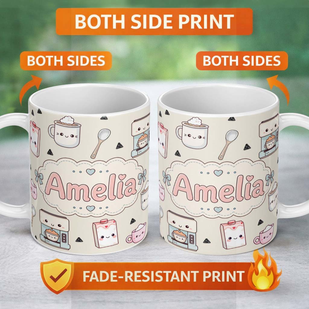 Personalized Custom Name Cute Kawaii Coffee Maker Milk Carton Cups Cream Background Seamless 11oz Ceramic Coffee Tea Mug White Large Handle
