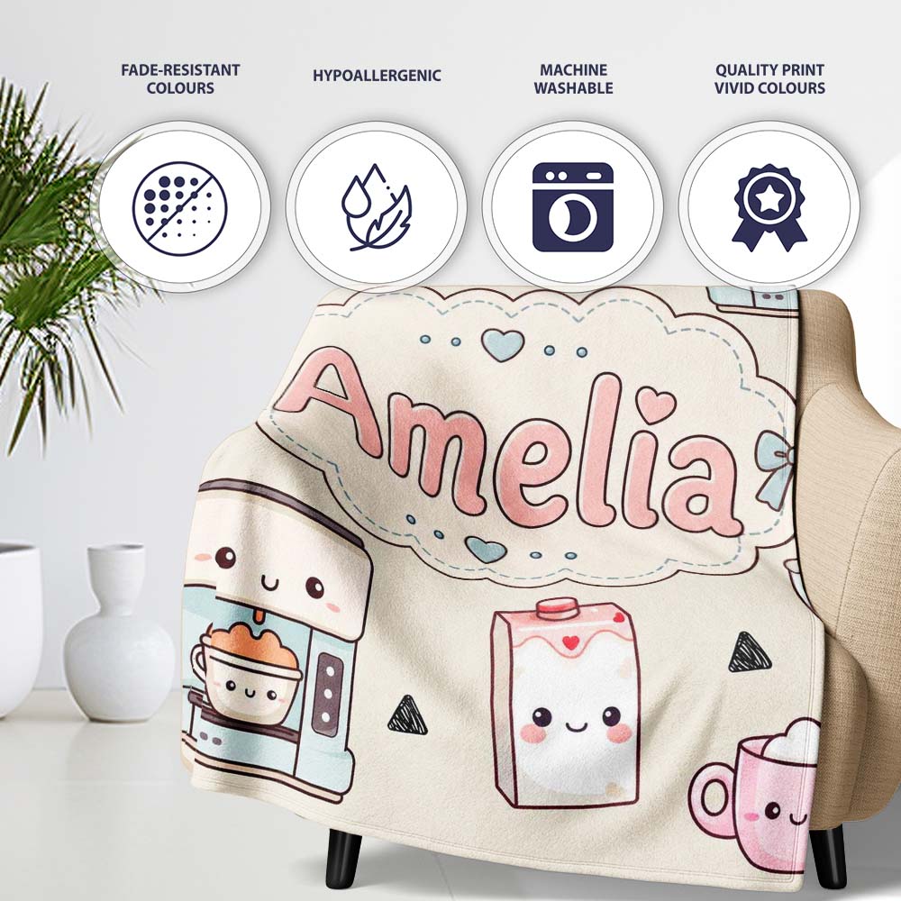 Cute Kawaii Coffee Maker Milk Carton Cups Cream Background Seamless Personalised Custom Name Super Soft Fleece Blanket Bed Sofa Throw