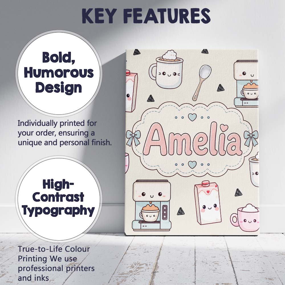 Personalised Name Cute Kawaii Coffee Maker Custom Unique Gift Idea Elegant Feature Canvas Wall Art Print Decor Picture Ready to Hang