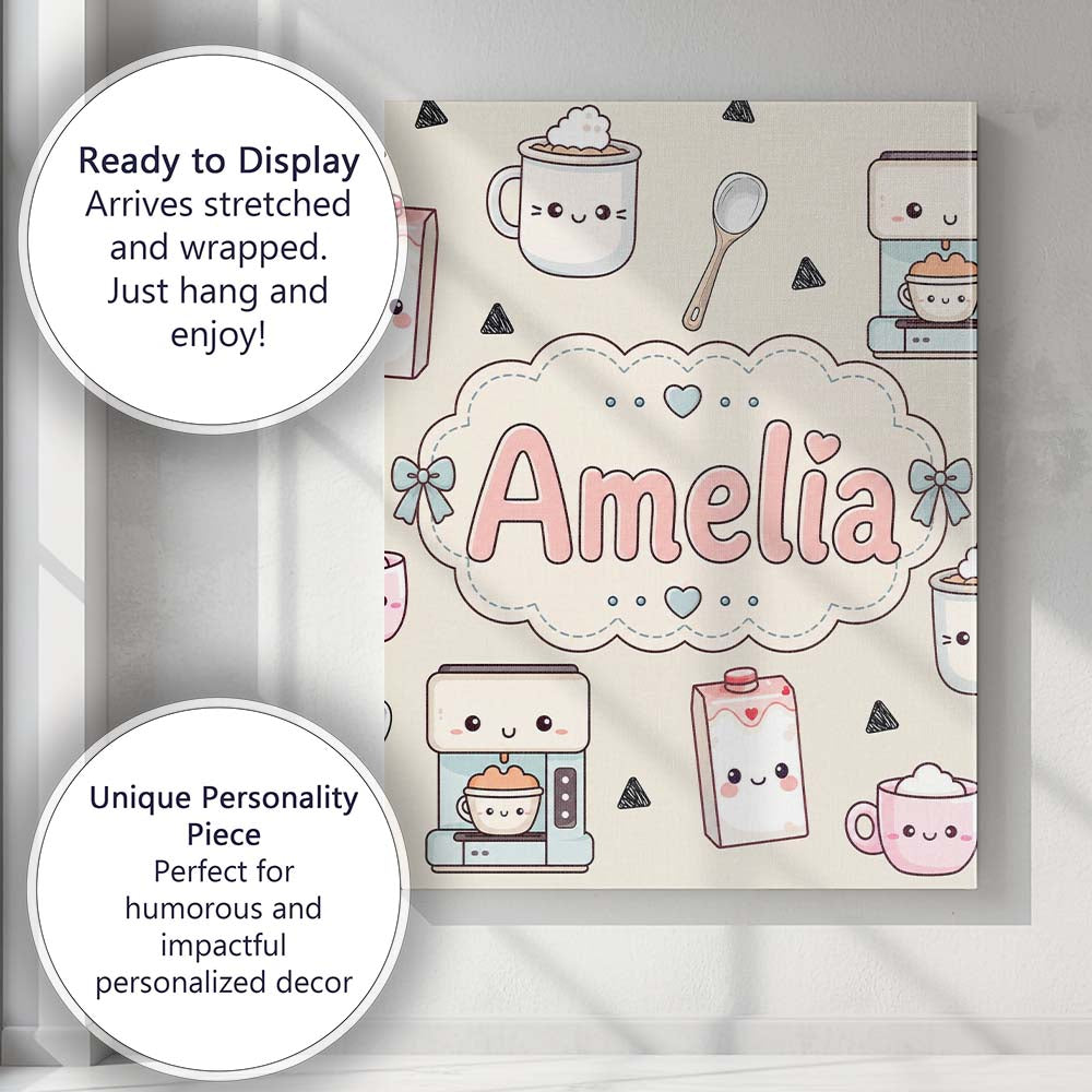 Personalised Name Cute Kawaii Coffee Maker Custom Unique Gift Idea Elegant Feature Canvas Wall Art Print Decor Picture Ready to Hang