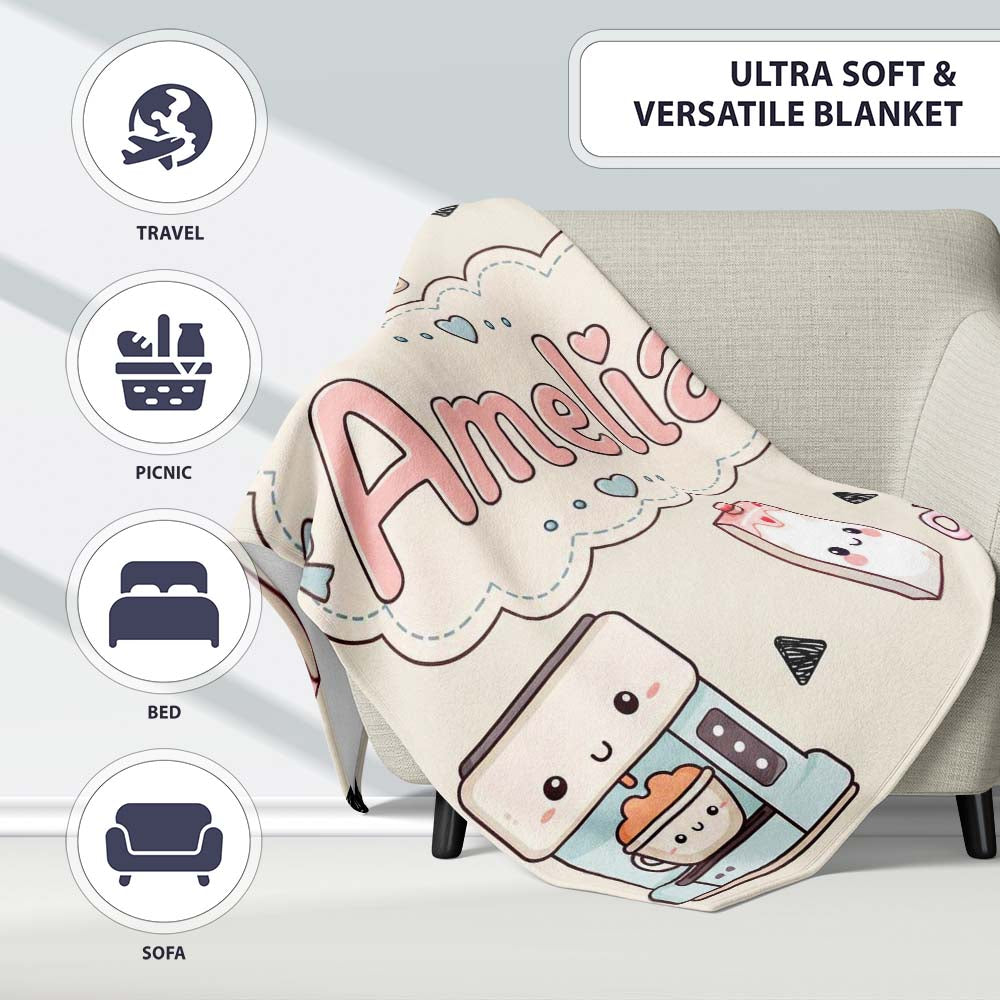 Cute Kawaii Coffee Maker Milk Carton Cups Cream Background Seamless Personalised Custom Name Super Soft Fleece Blanket Bed Sofa Throw