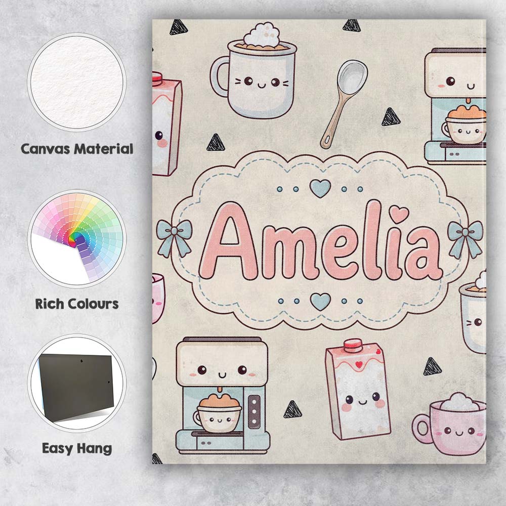 Personalised Name Cute Kawaii Coffee Maker Custom Unique Gift Idea Elegant Feature Canvas Wall Art Print Decor Picture Ready to Hang
