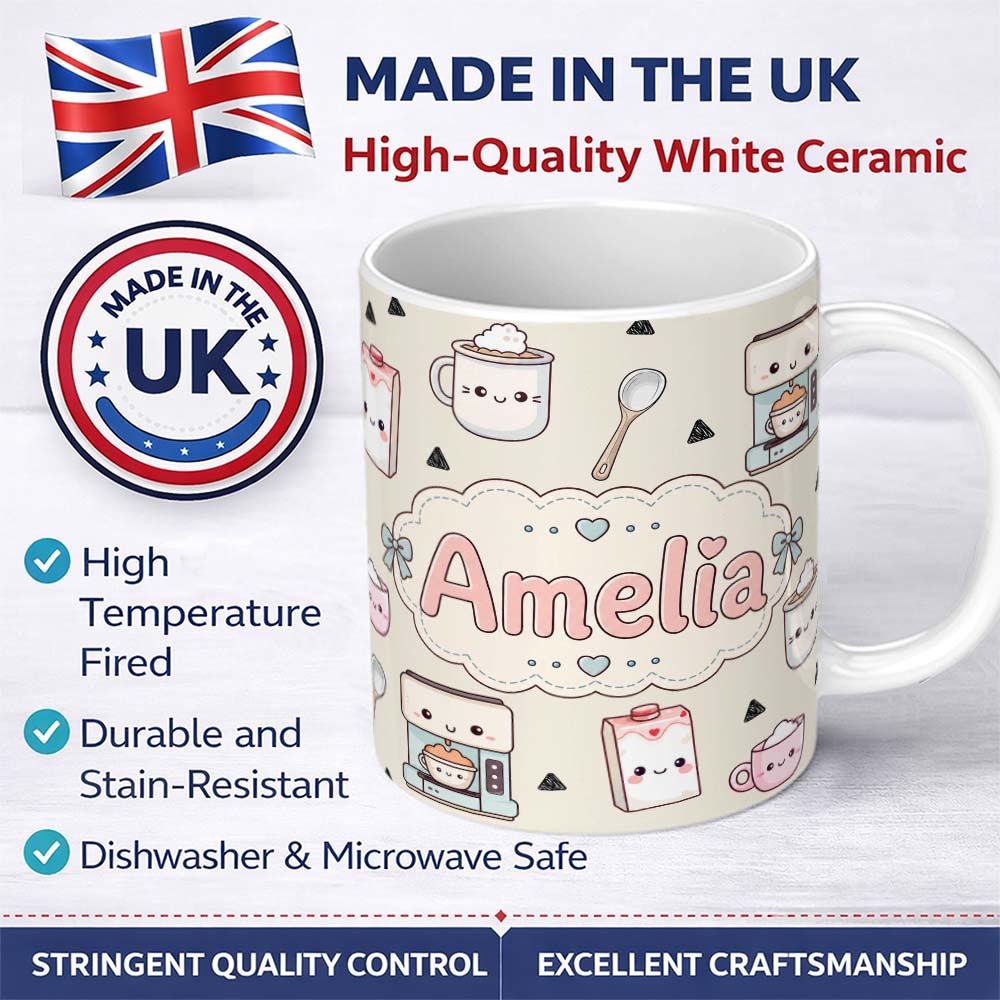 Personalized Custom Name Cute Kawaii Coffee Maker Milk Carton Cups Cream Background Seamless 11oz Ceramic Coffee Tea Mug White Large Handle
