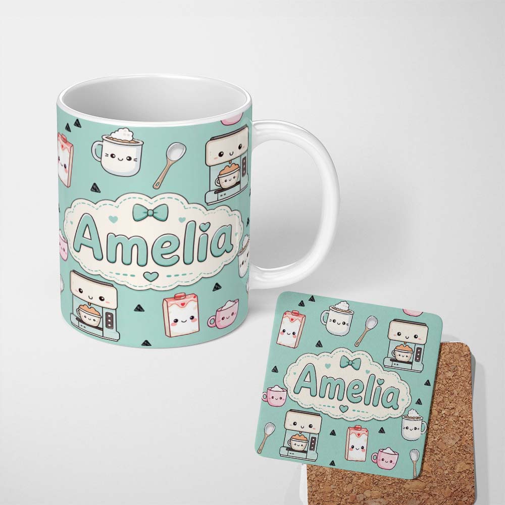 Personalized Custom Name Kawaii Coffee Maker Milk Carton Cups Mint Green Seamless Pattern 11oz Ceramic Coffee Tea Mug White Large Handle