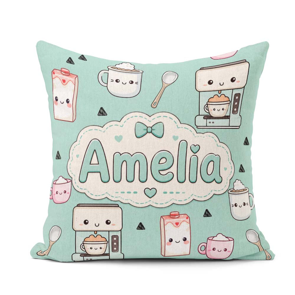 Custom Name Kawaii Maker Milk Carton Cups Green Seamless Pattern Square Filled Cushion Throw Pillow Sofa Bed Home Decor Zip Washable UK Made