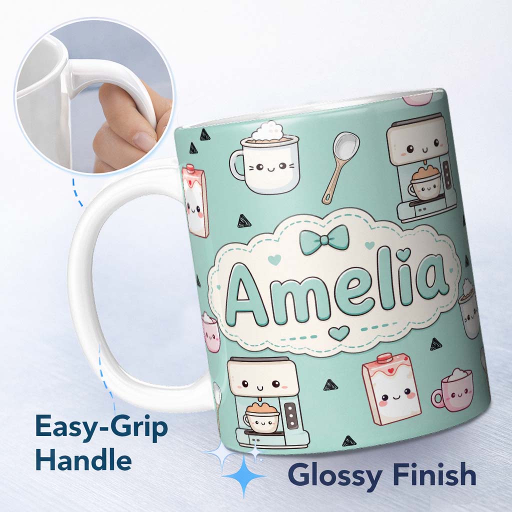 Personalized Custom Name Kawaii Coffee Maker Milk Carton Cups Mint Green Seamless Pattern 11oz Ceramic Coffee Tea Mug White Large Handle