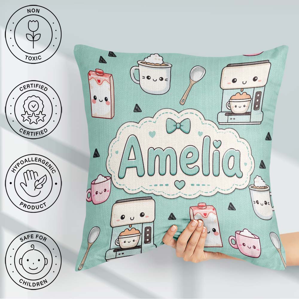 Custom Name Kawaii Maker Milk Carton Cups Green Seamless Pattern Square Filled Cushion Throw Pillow Sofa Bed Home Decor Zip Washable UK Made