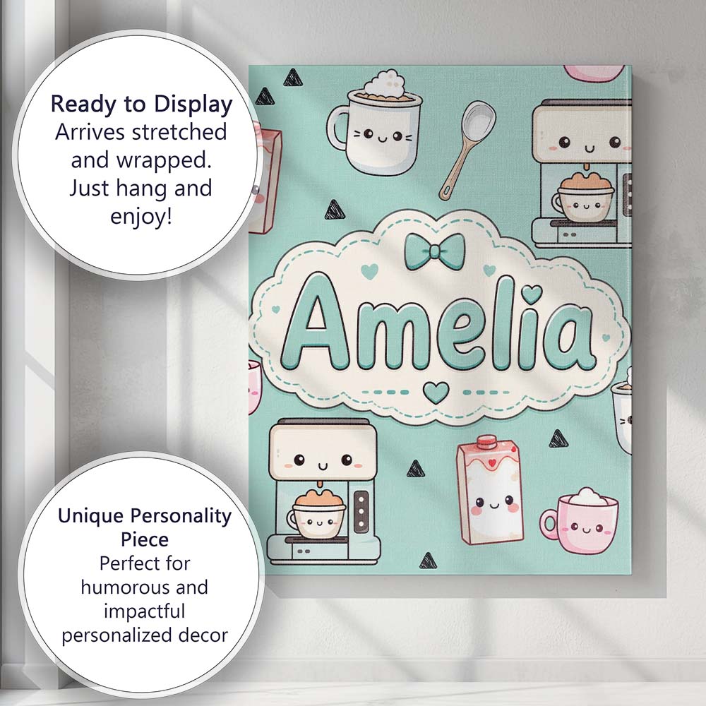 Personalised Name Kawaii Coffee Maker Milk Custom Unique Gift Idea Elegant Feature Canvas Wall Art Print Decor Picture Ready to Hang