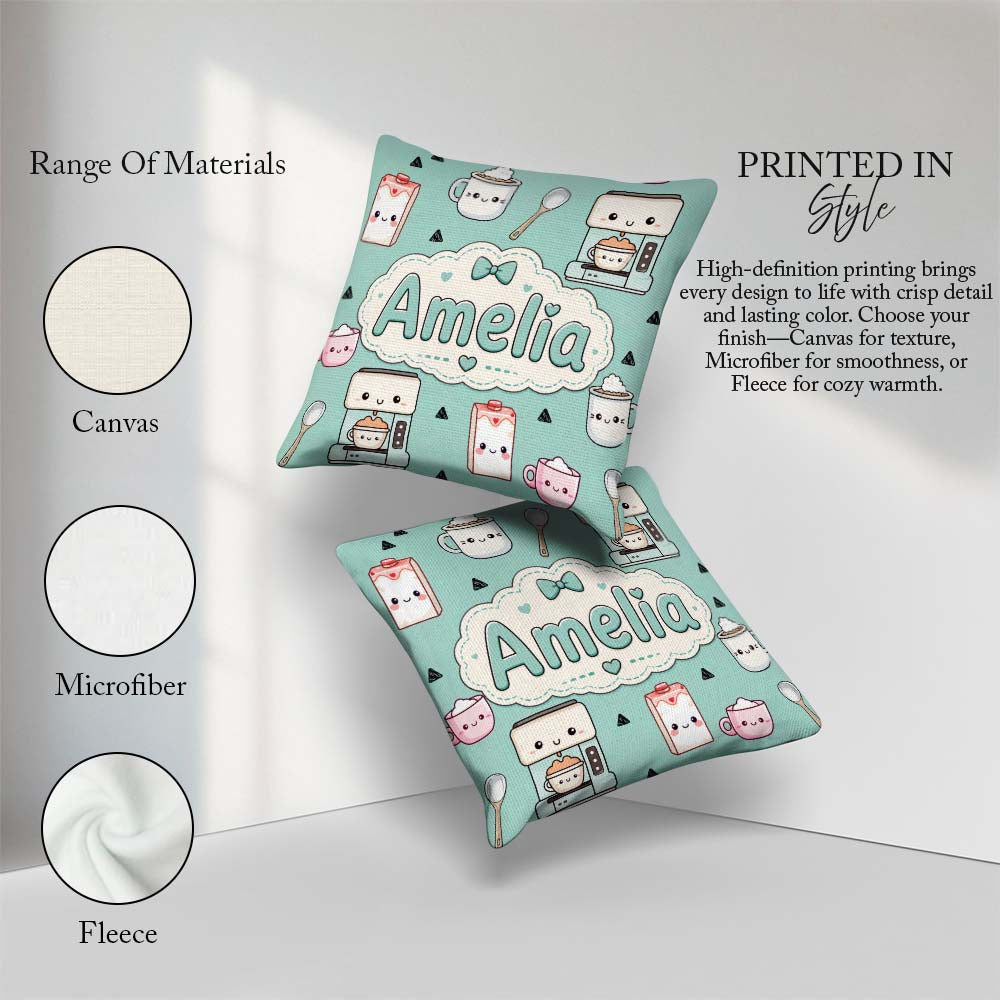 Custom Name Kawaii Maker Milk Carton Cups Green Seamless Pattern Square Filled Cushion Throw Pillow Sofa Bed Home Decor Zip Washable UK Made