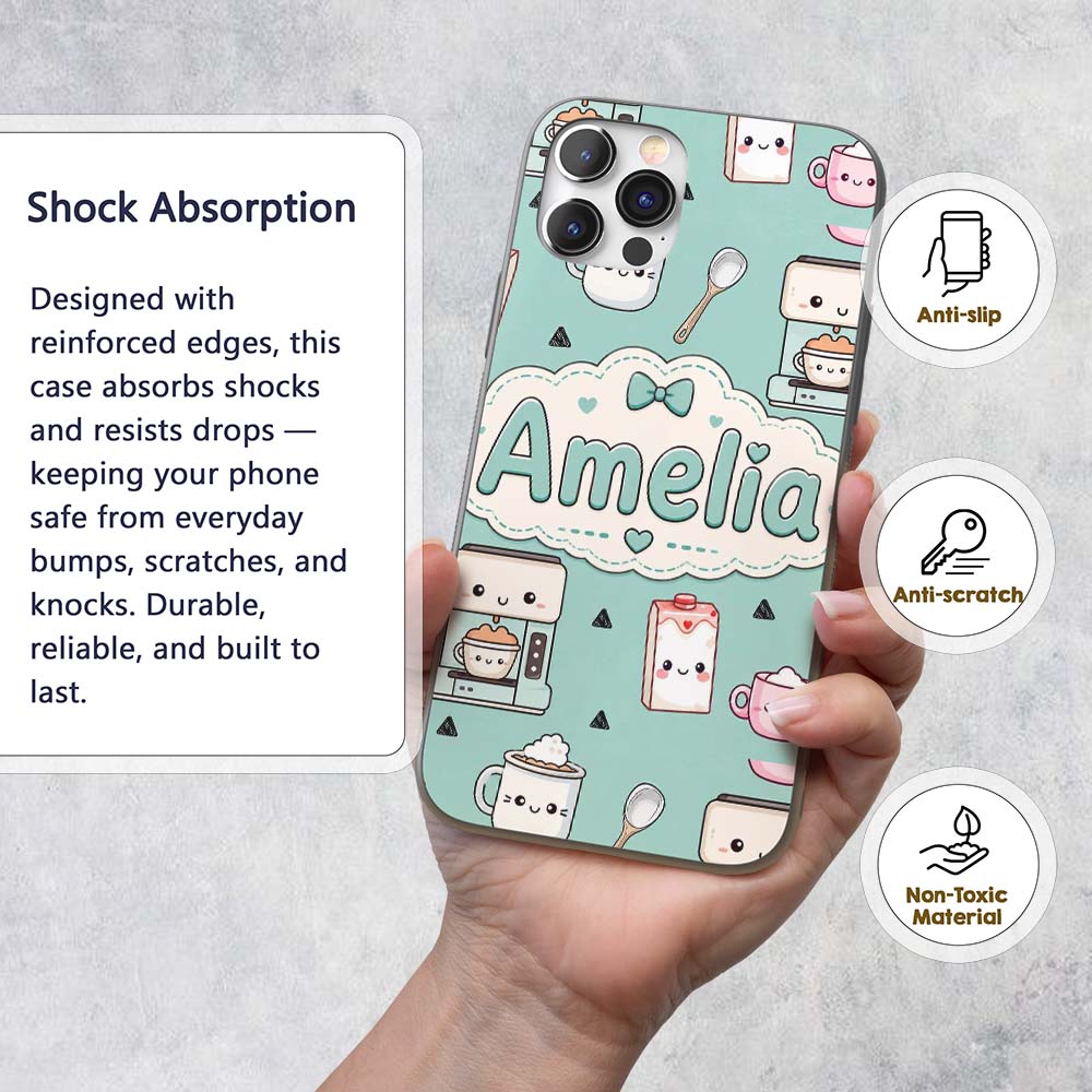 Kawaii Coffee Maker Milk Carton Cups Mint Green Custom Name Protective Phone Case Mobile Cover Durable Everyday Smartphone Shock Resistant