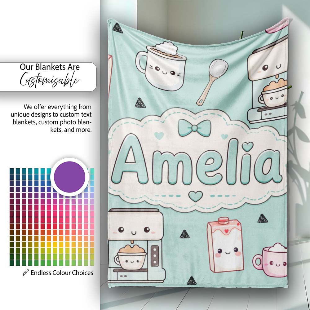 Kawaii Coffee Maker Milk Carton Cups Mint Green Seamless Pattern Personalised Custom Name Super Soft Fleece Blanket Bed Sofa Throw