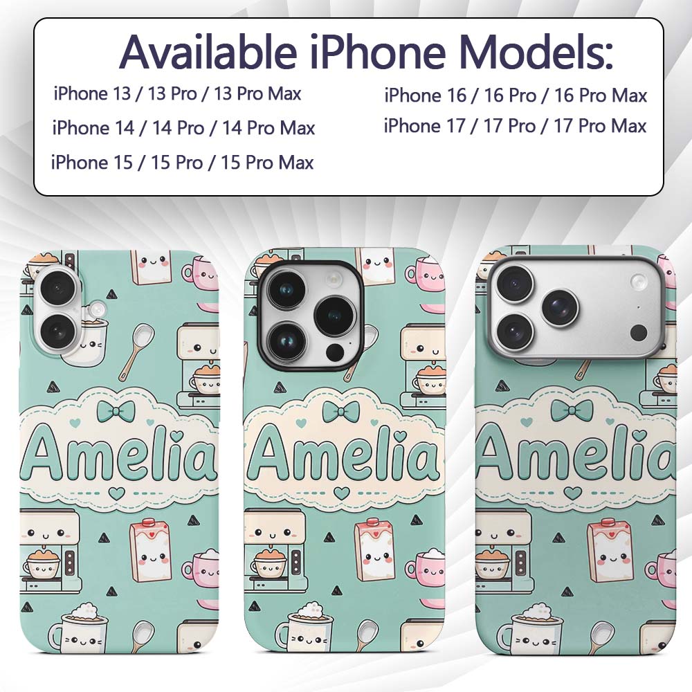 Kawaii Coffee Maker Milk Carton Cups Mint Green Custom Name Protective Phone Case Mobile Cover Durable Everyday Smartphone Shock Resistant