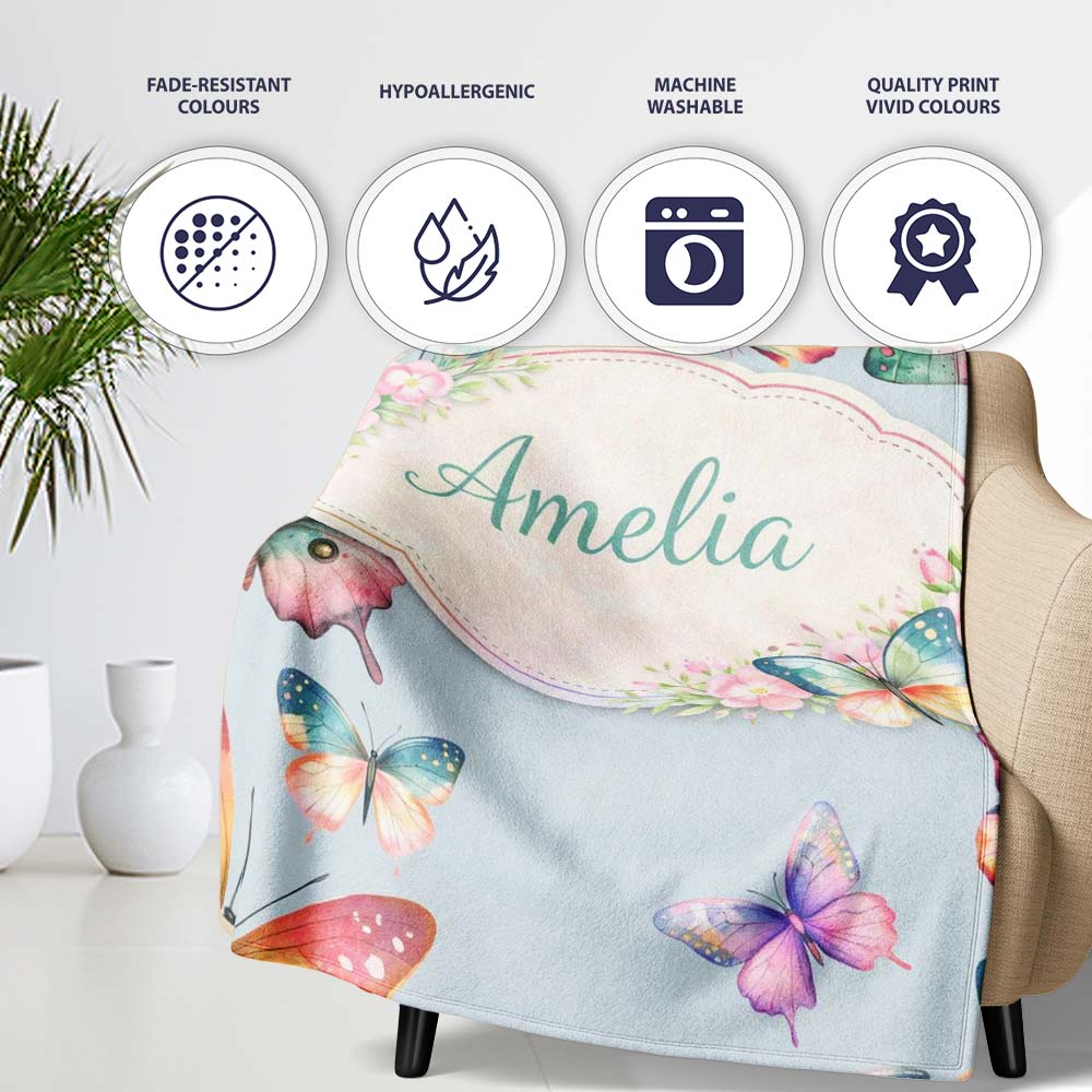Pastel Watercolor Butterflies Pale Blue Background Seamless Pattern Personalised Custom Name Super Soft Fleece Blanket Bed Sofa Throw