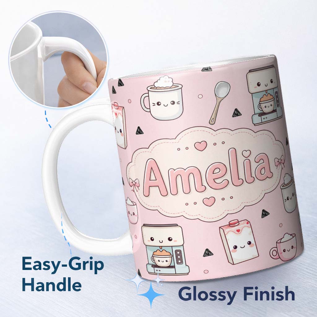 Personalized Custom Name Cute Kawaii Coffee Maker Milk Carton Cups Soft Pink Background 11oz Ceramic Coffee Tea Mug White Large Handle